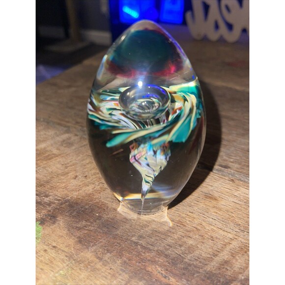 Hand Blown Glass Oval Multi Color Flower Paper Weight Centre PWK - Picture 2 of 5